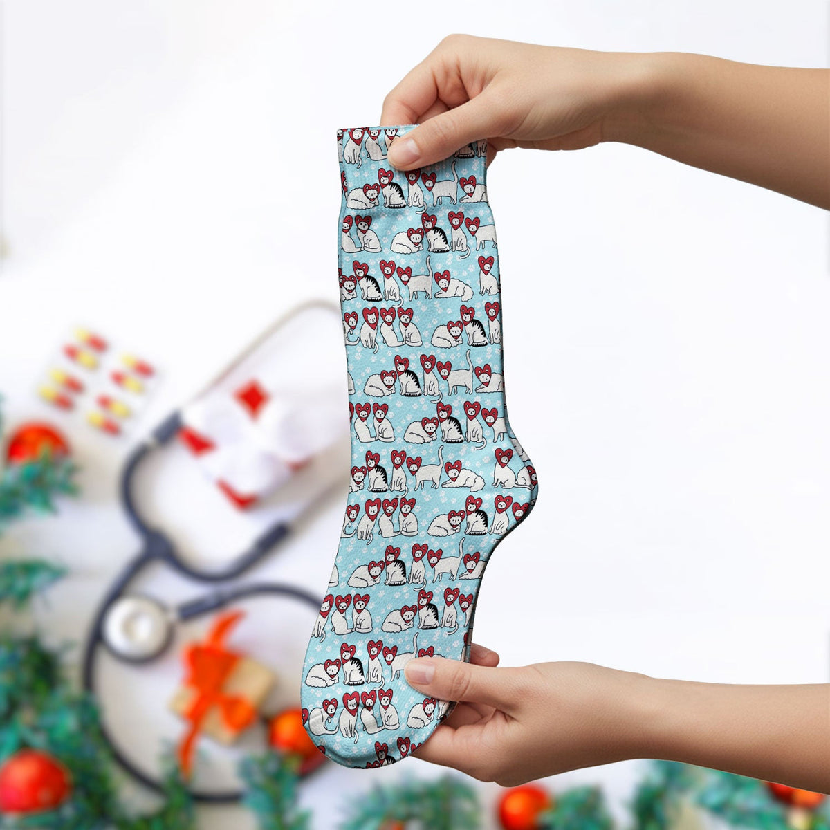 Cute Cat Heart Pattern Scrub Socks, Funny Cat Scrub Sock For Nurses, Breathable Fabrics Nursing Uniform