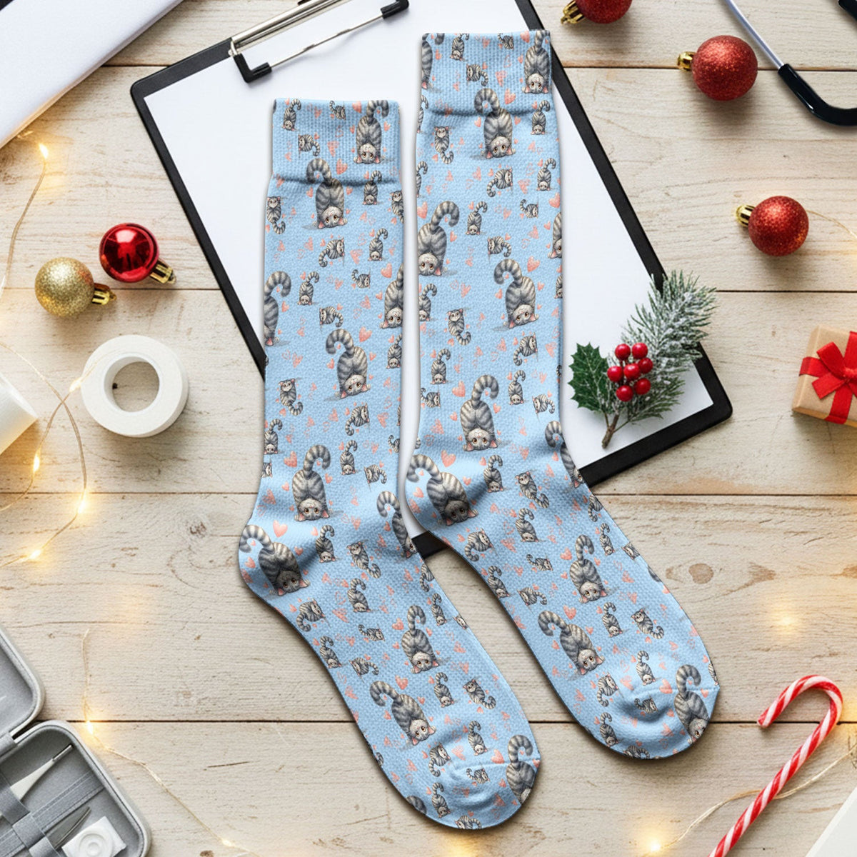 Valentine Cute Cat Scrub Socks, Cat Heart Pattern Nurse Uniform, Comfortable Scrubs For Nurses