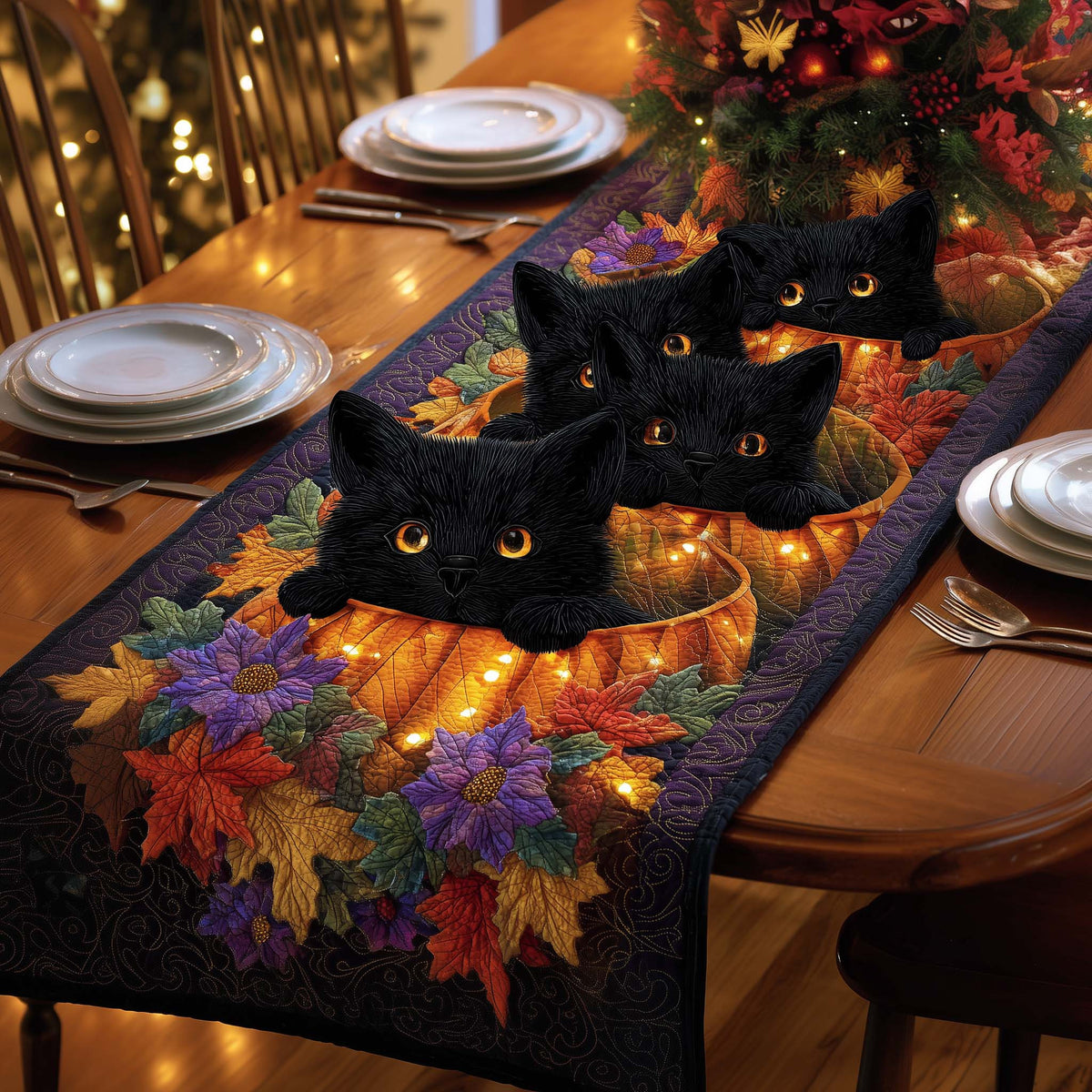 Pumpkin Cats Quilted Table Runner Halloween Table Runner Thanksgiving Table Decor