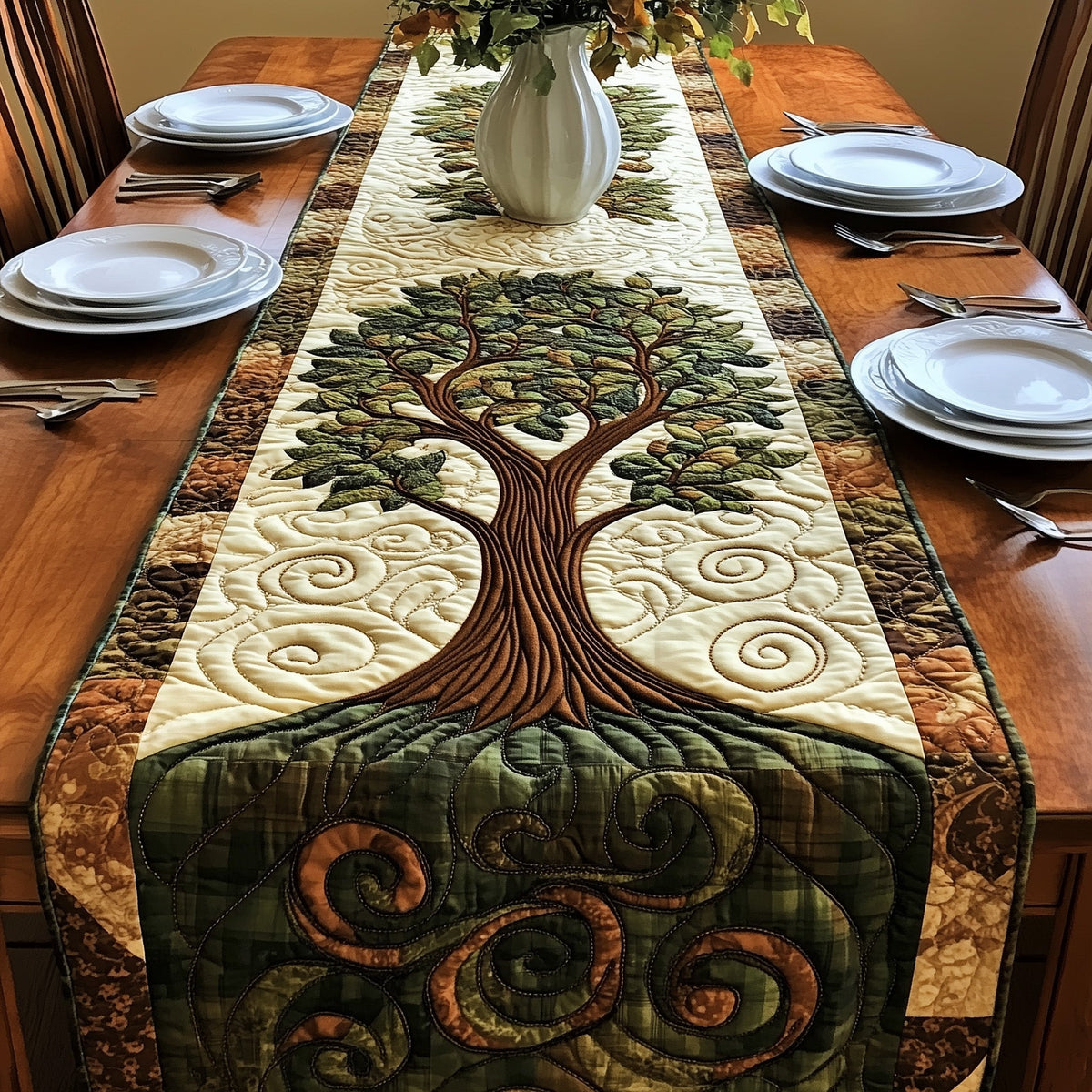 Vintage Tree Of Life Quilted Table Runner Halloween Table Runner Thanksgiving Table Decor