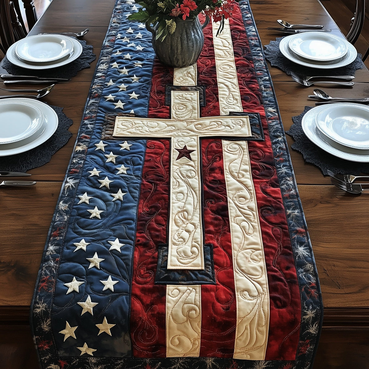 Cross of Liberty Quilted Table Runner Halloween Table Runner Thanksgiving Table Decor