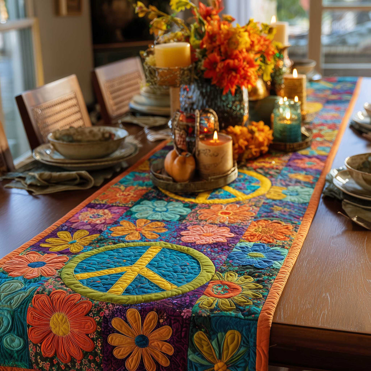Peace Sign Quilted Table Runner Halloween Table Runner Thanksgiving Table Decor