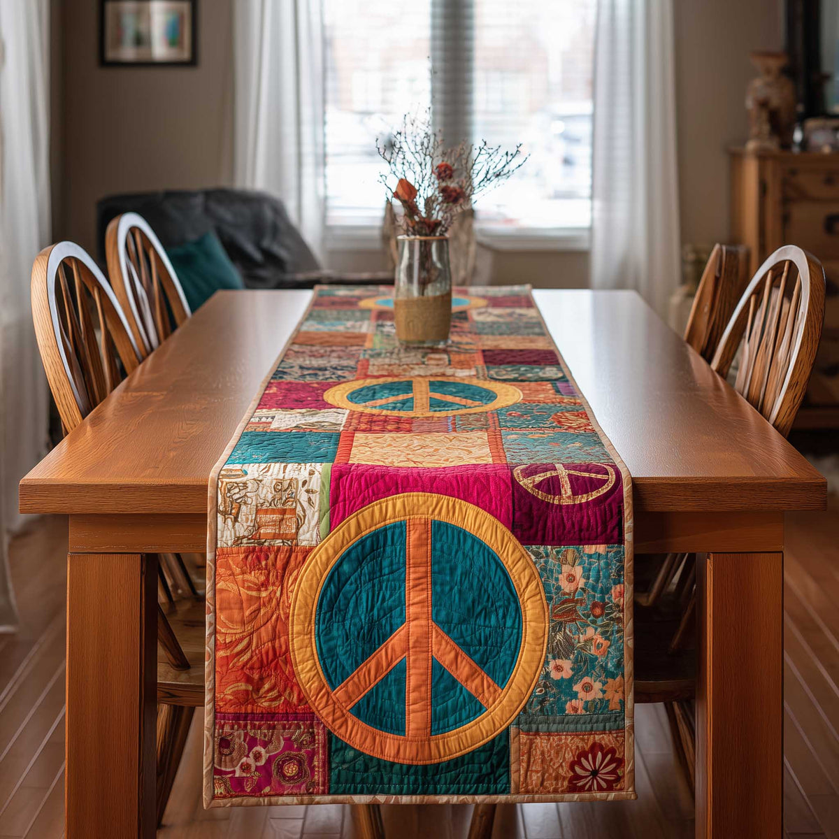 Peace Sign Quilted Table Runner Halloween Table Runner Thanksgiving Table Decor