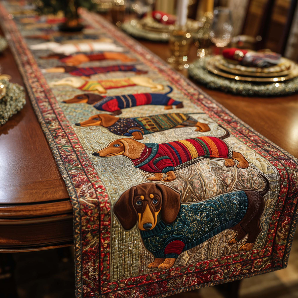 Merry Dachshund Charm Quilted Table Runner Halloween Table Runner Thanksgiving Table Decor