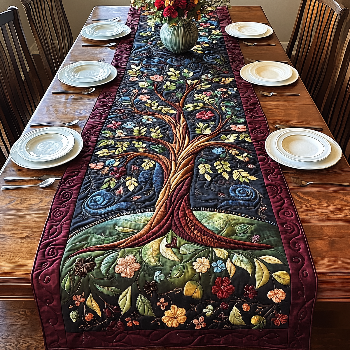 Stunning Tree Of Life Quilted Table Runner Halloween Table Runner Thanksgiving Table Decor
