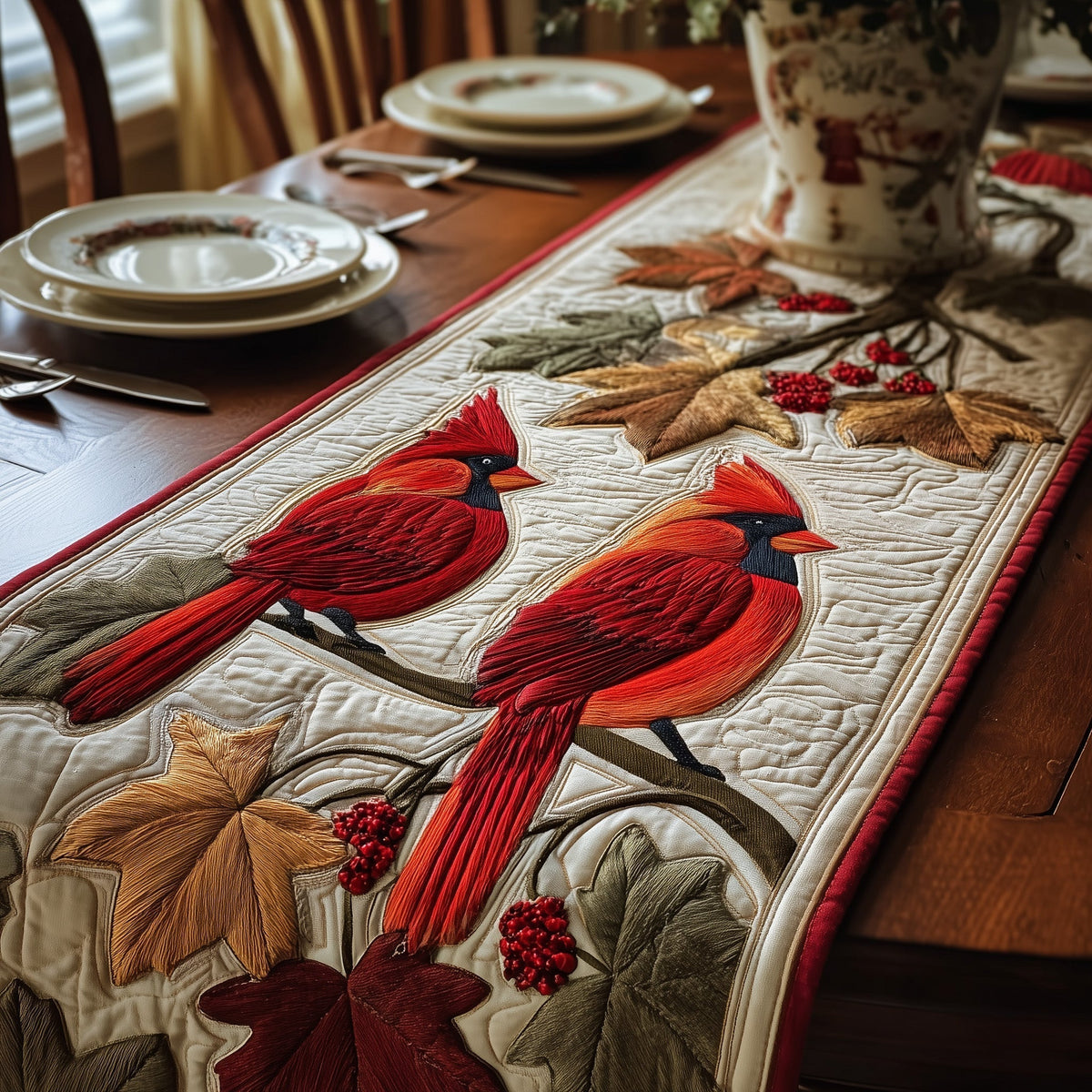 Autumn Cardinals Quilted Table Runner Halloween Table Runner Thanksgiving Table Decor
