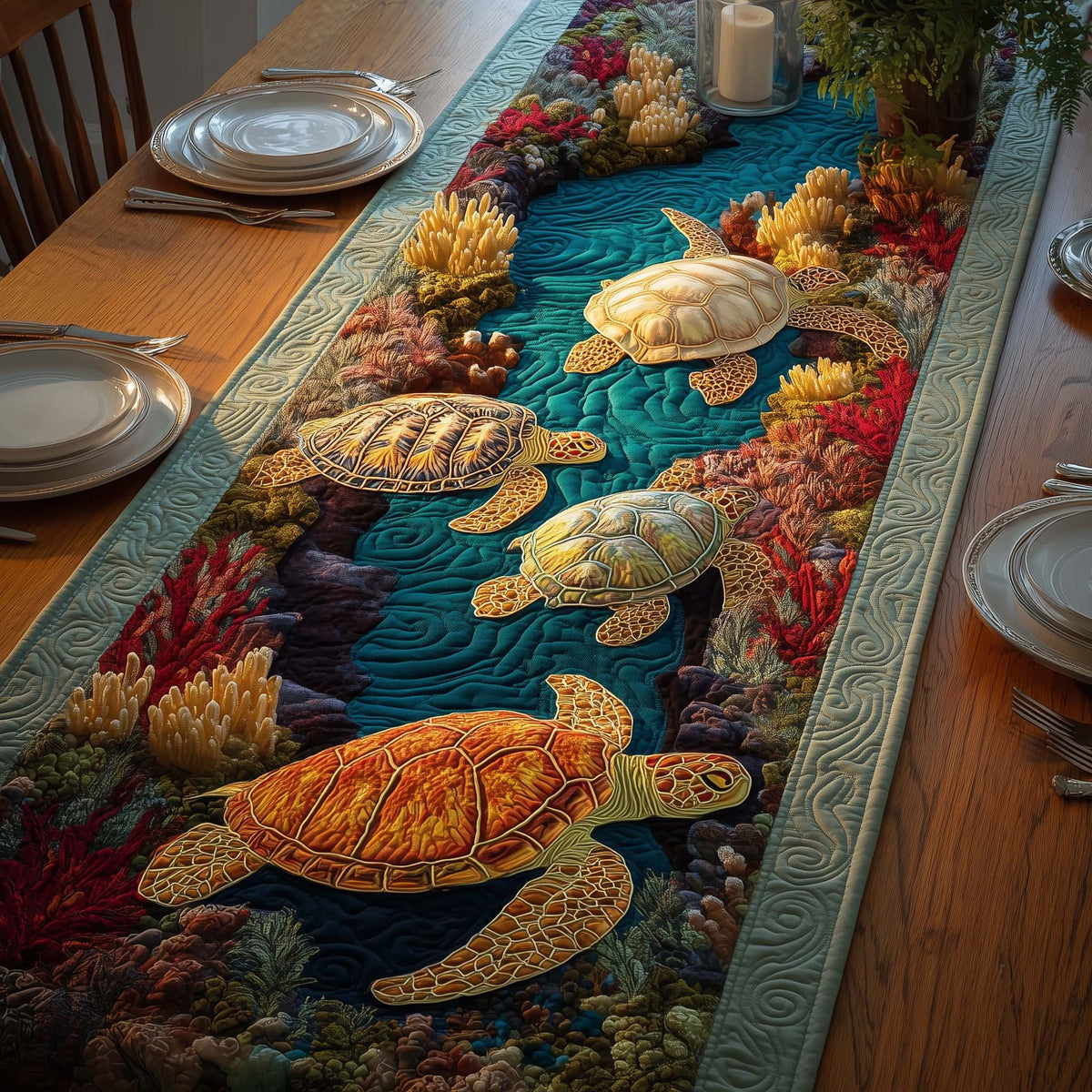 Coral Turtles Quilted Table Runner Halloween Table Runner Thanksgiving Table Decor
