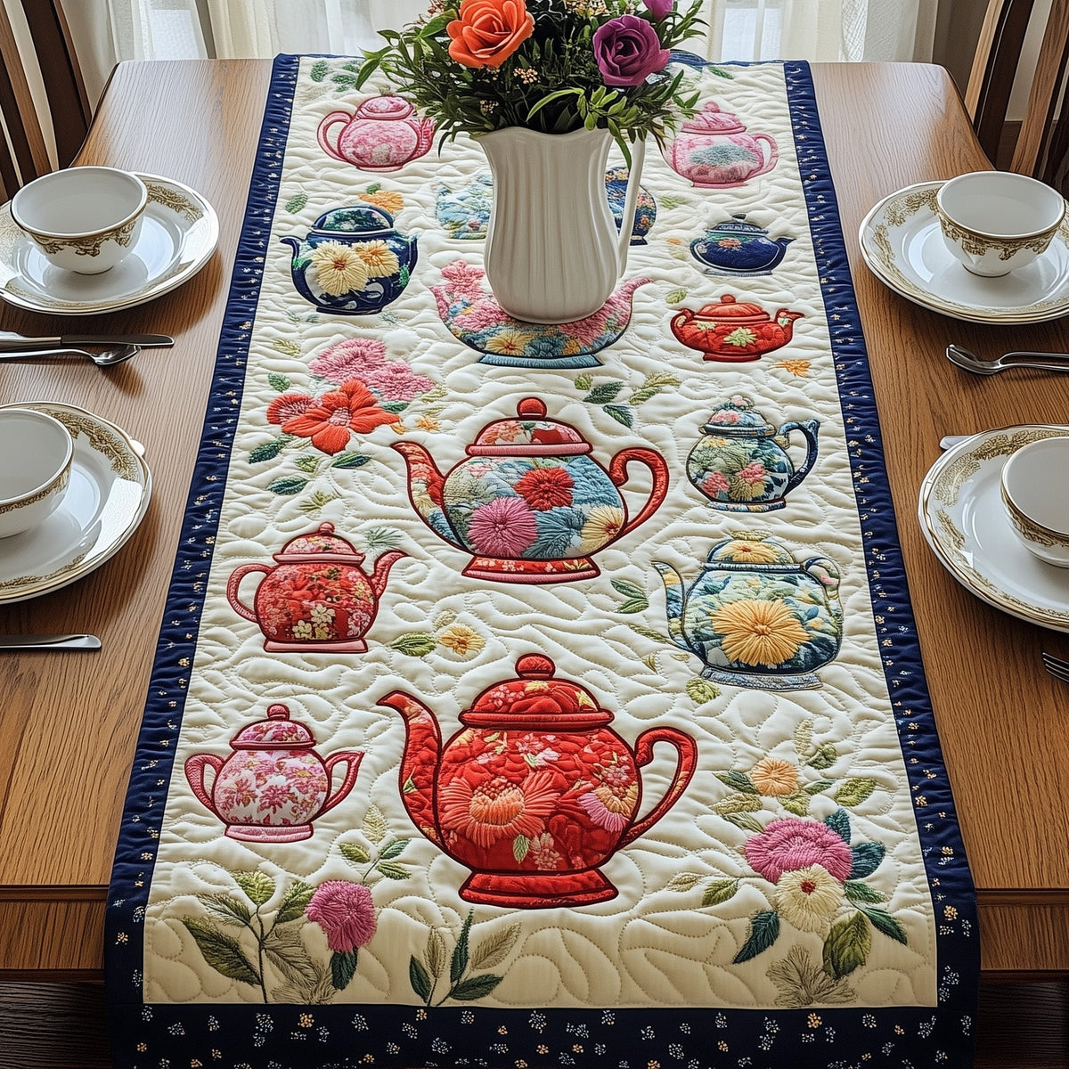Tea in Full Bloom Quilted Table Runner Halloween Table Runner Thanksgiving Table Decor