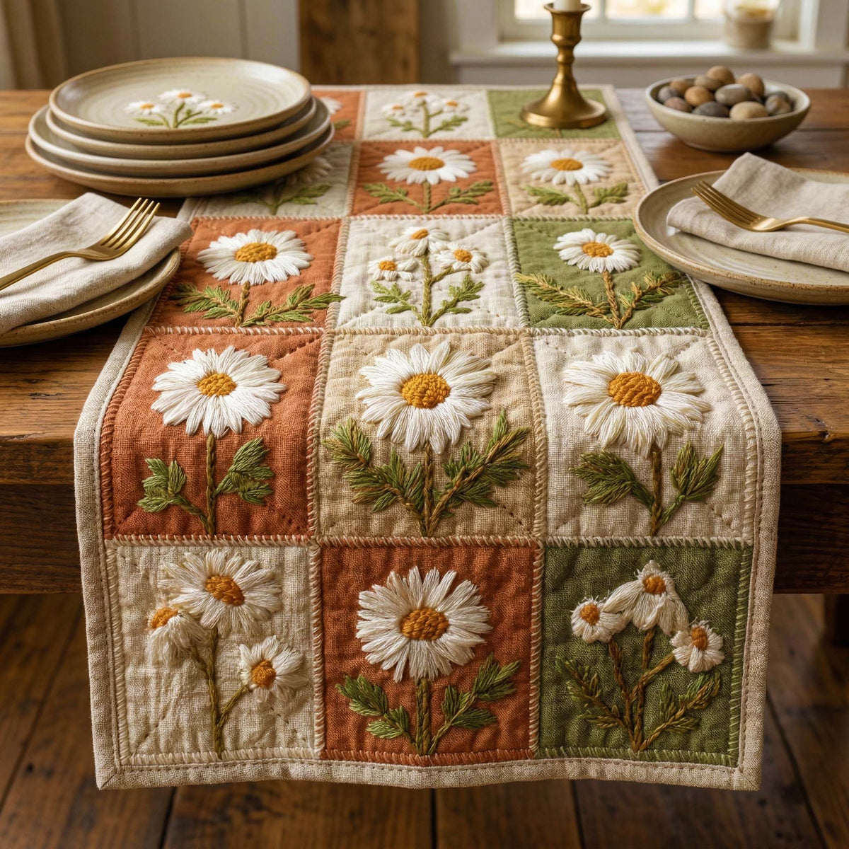 Rustic Daisy Quilted Table Runner Halloween Table Runner Thanksgiving Table Decor
