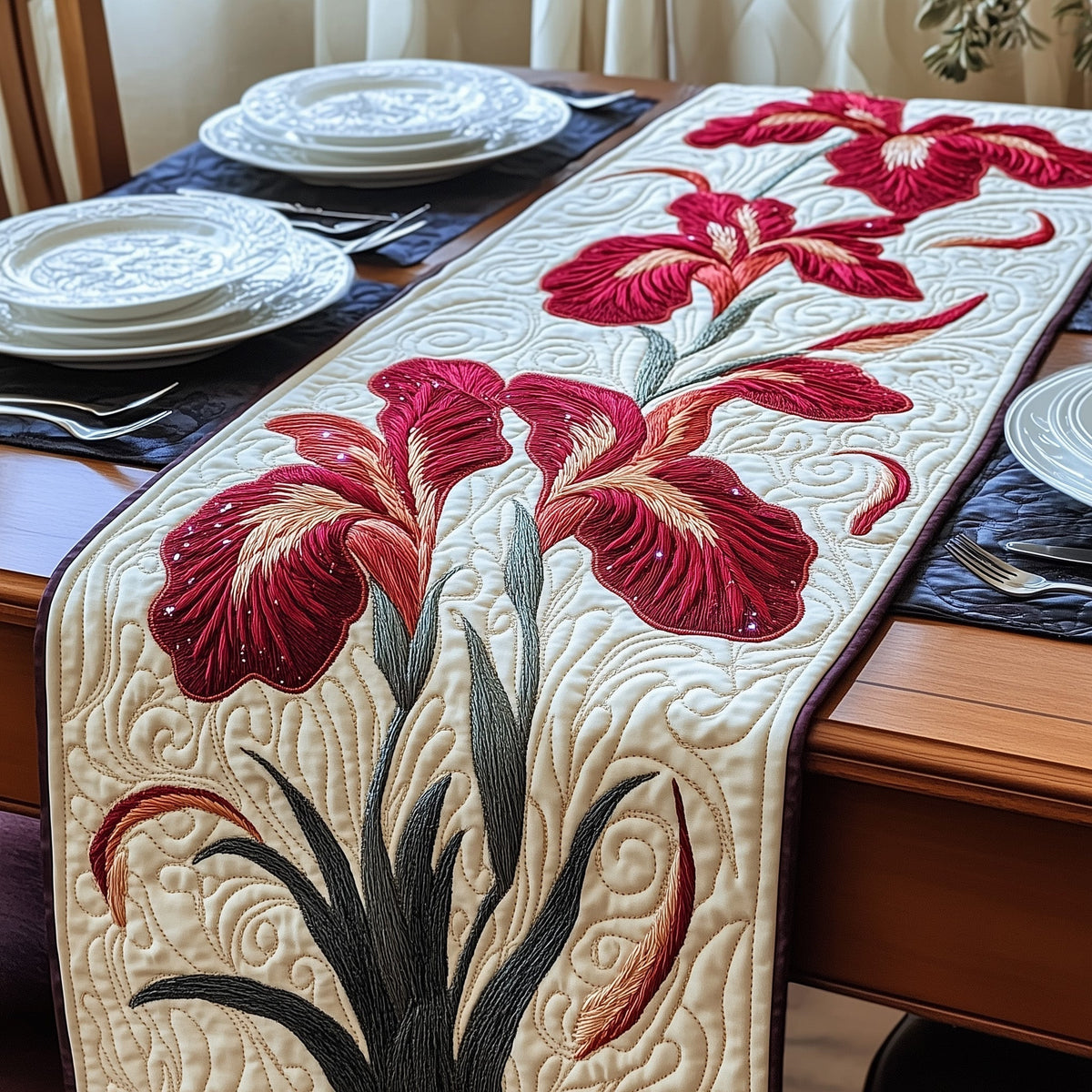 The Blooming Iris Quilted Table Runner Halloween Table Runner Thanksgiving Table Decor