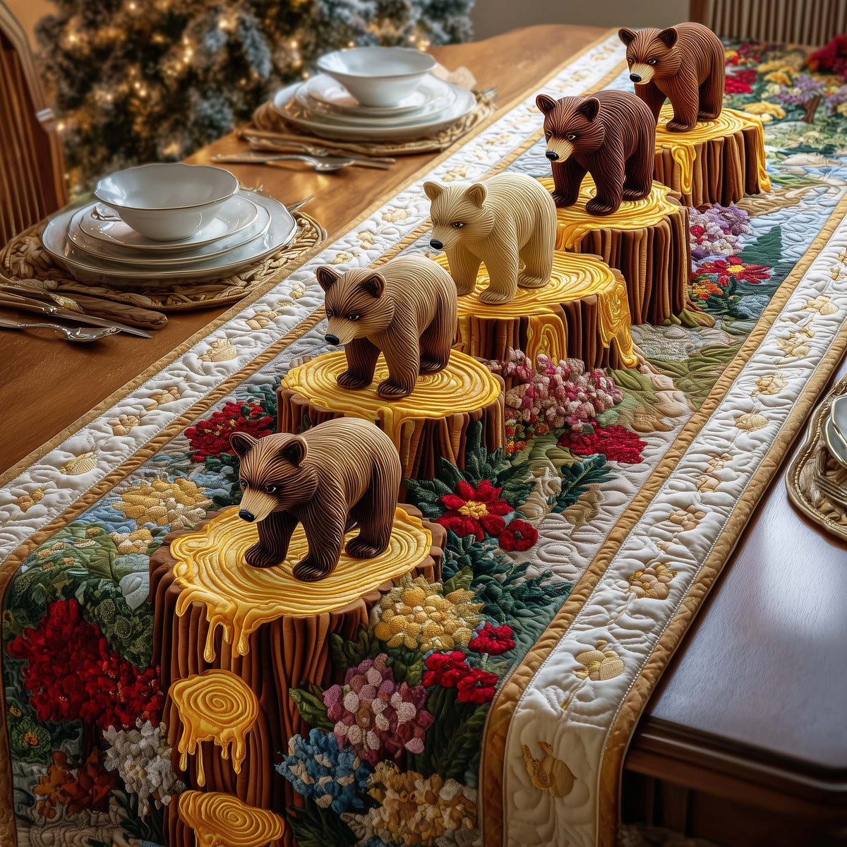Wood Bears Quilted Table Runner Halloween Table Runner Thanksgiving Table Decor