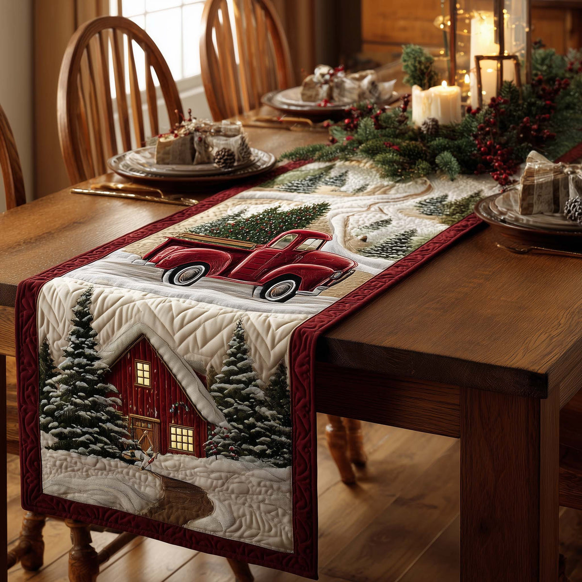 Red Truck Quilted Table Runner Halloween Table Runner Thanksgiving Table Decor