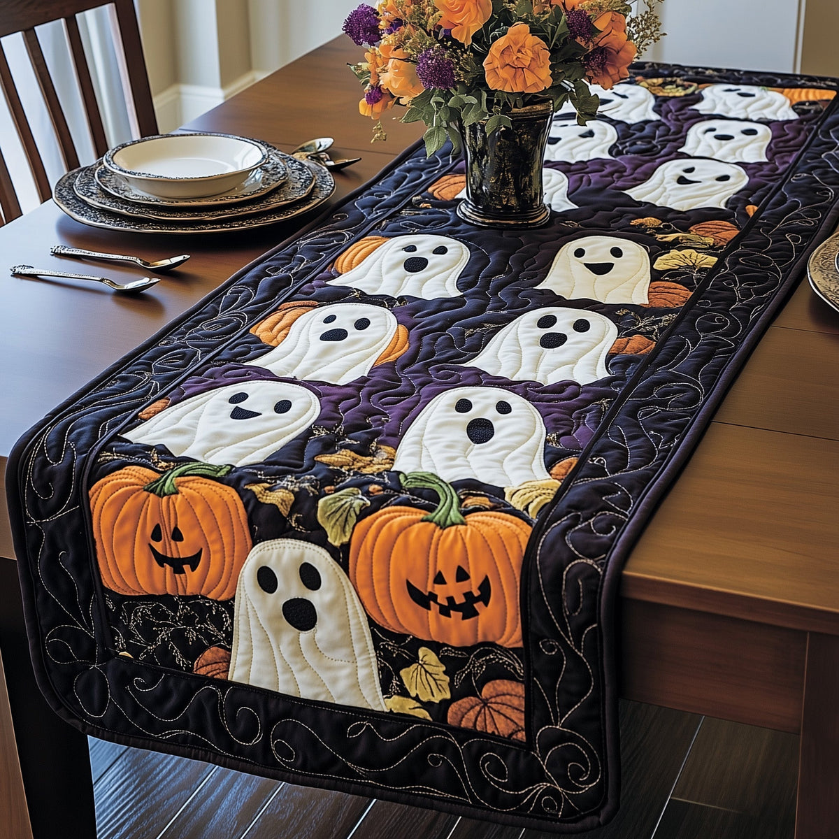 Ghostly Gathering Quilted Table Runner Halloween Table Runner Thanksgiving Table Decor