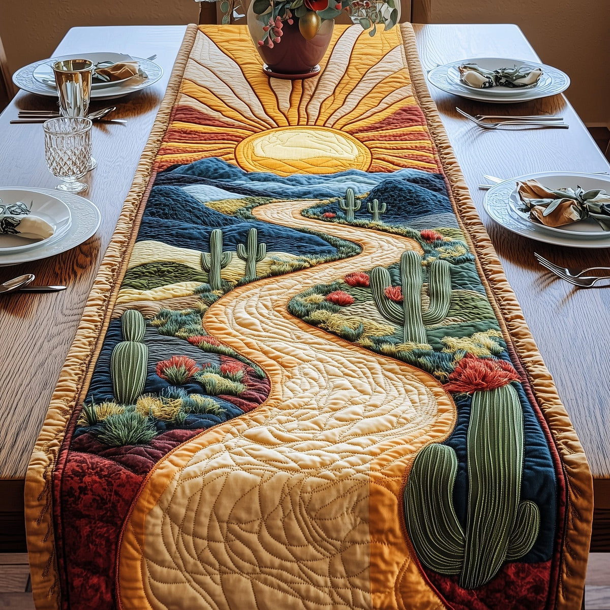 Sunlit Cactus Trail Quilted Table Runner Halloween Table Runner Thanksgiving Table Decor