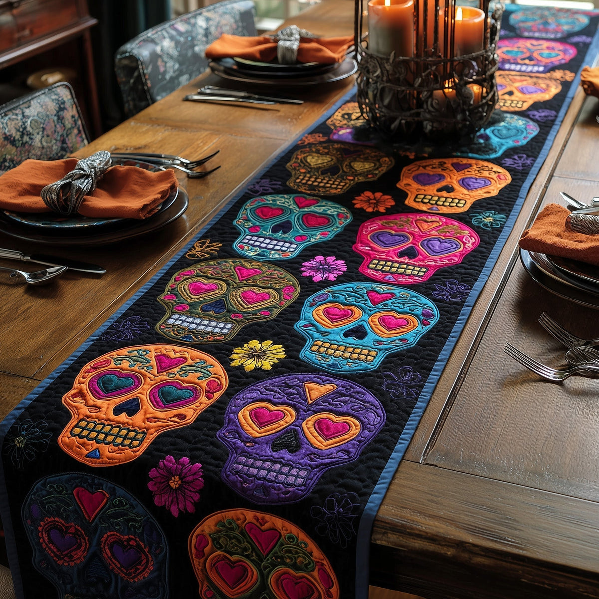 Day of the Dead Quilted Table Runner Halloween Table Runner Thanksgiving Table Decor