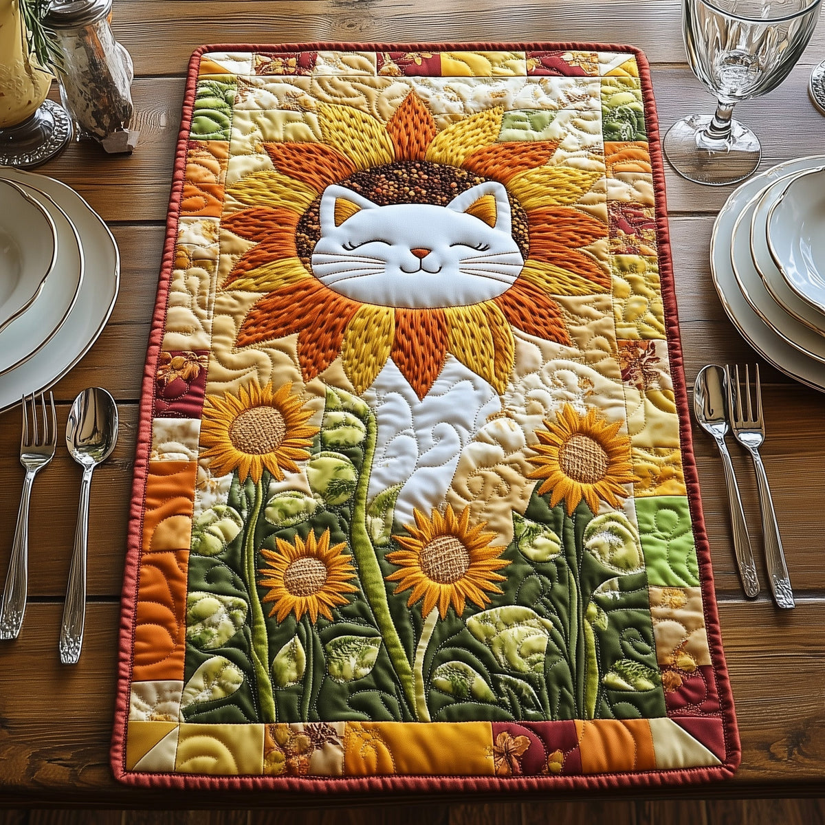 Sunflower Cat Quilted Table Runner Halloween Table Runner Thanksgiving Table Decor