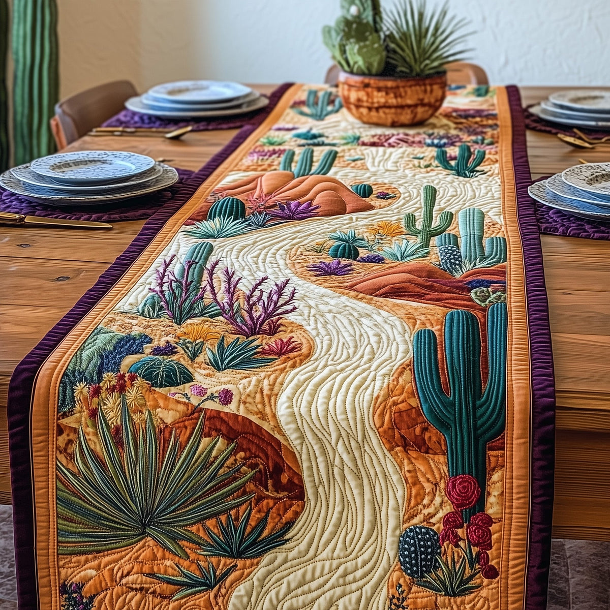 Blooming Cactus Quilted Table Runner Halloween Table Runner Thanksgiving Table Decor