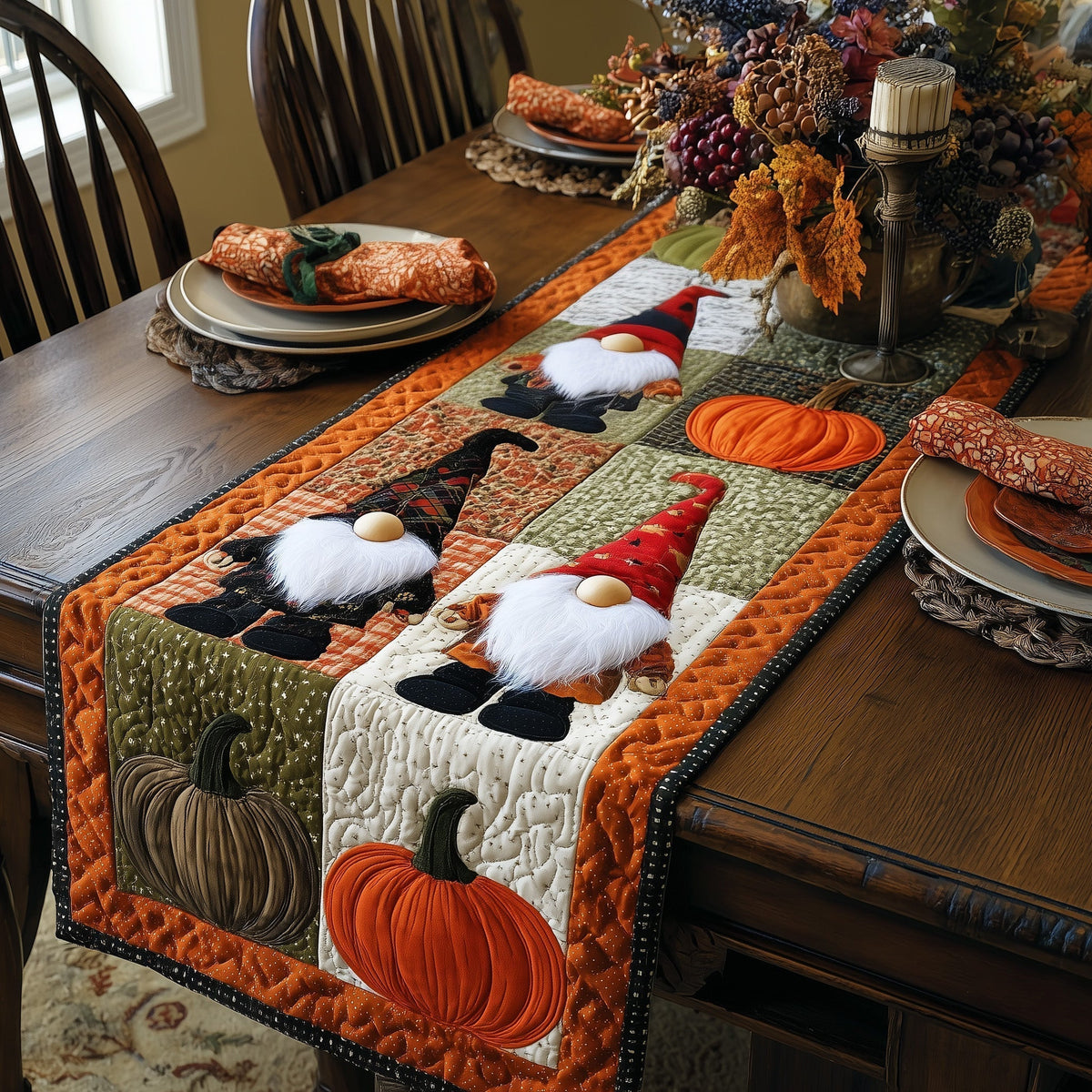 Autumn Gnome Quilted Table Runner Halloween Table Runner Thanksgiving Table Decor