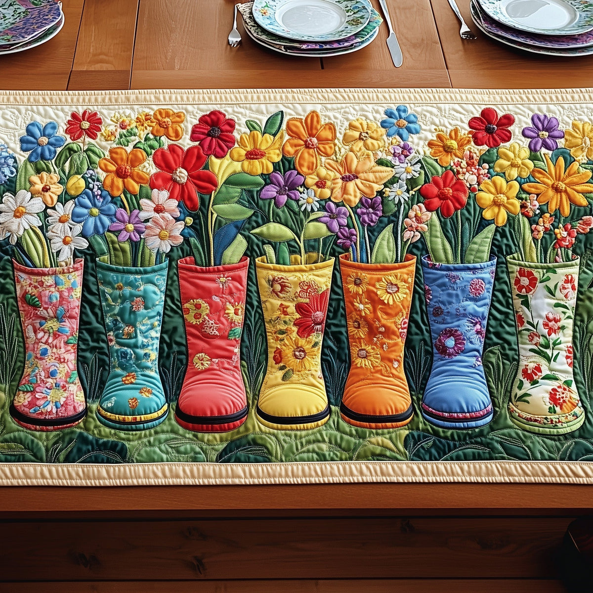 Garden Boot Delight Quilted Table Runner Halloween Table Runner Thanksgiving Table Decor
