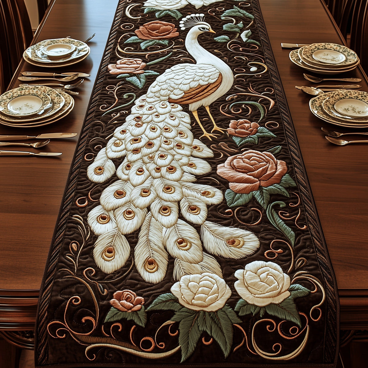 Enchanted Peacock Quilted Table Runner Halloween Table Runner Thanksgiving Table Decor
