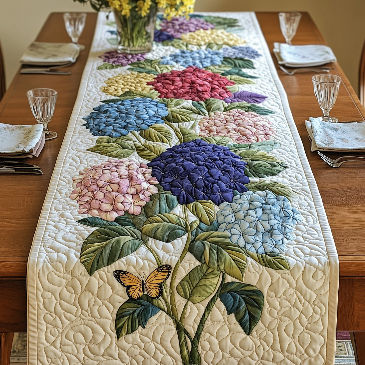 Blooming Hydrangea Paradise Quilted Table Runner Halloween Table Runner Thanksgiving Table Decor