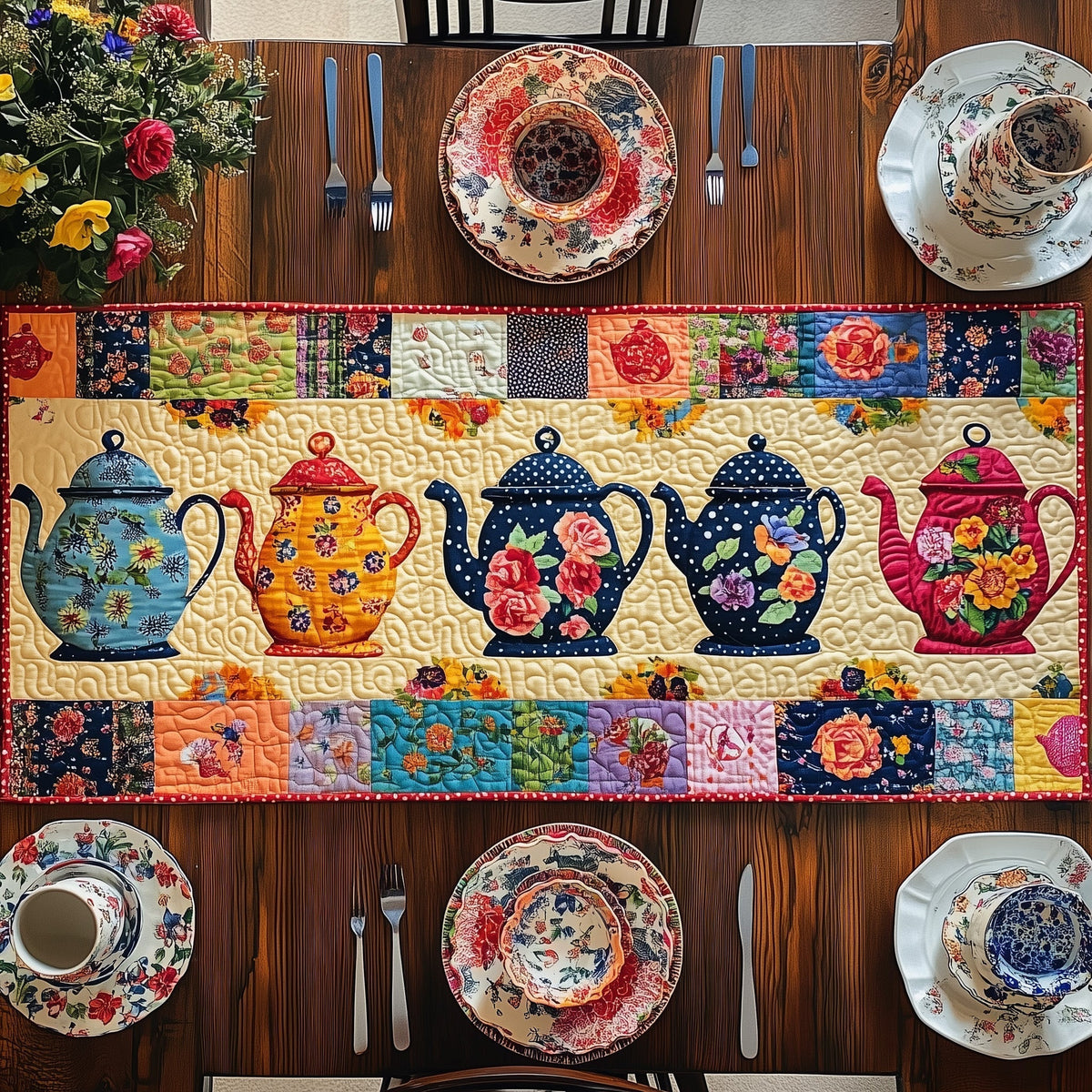 The Teapot Parade Quilted Table Runner Halloween Table Runner Thanksgiving Table Decor