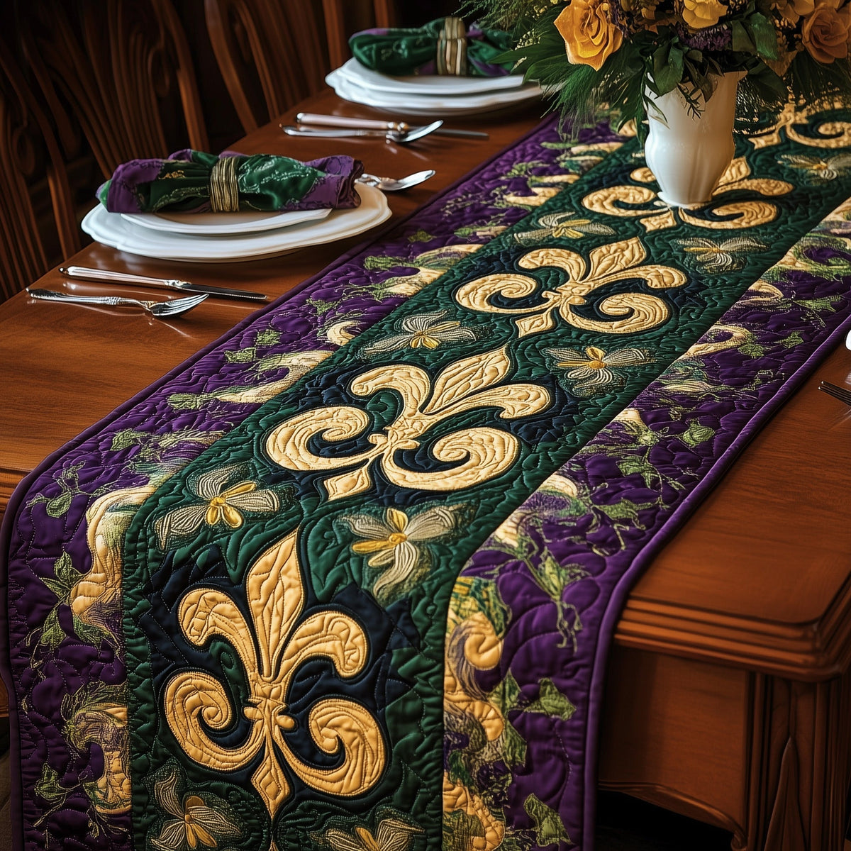 Fleur de lis Carnival Quilted Table Runner Halloween Table Runner Thanksgiving Table Decor