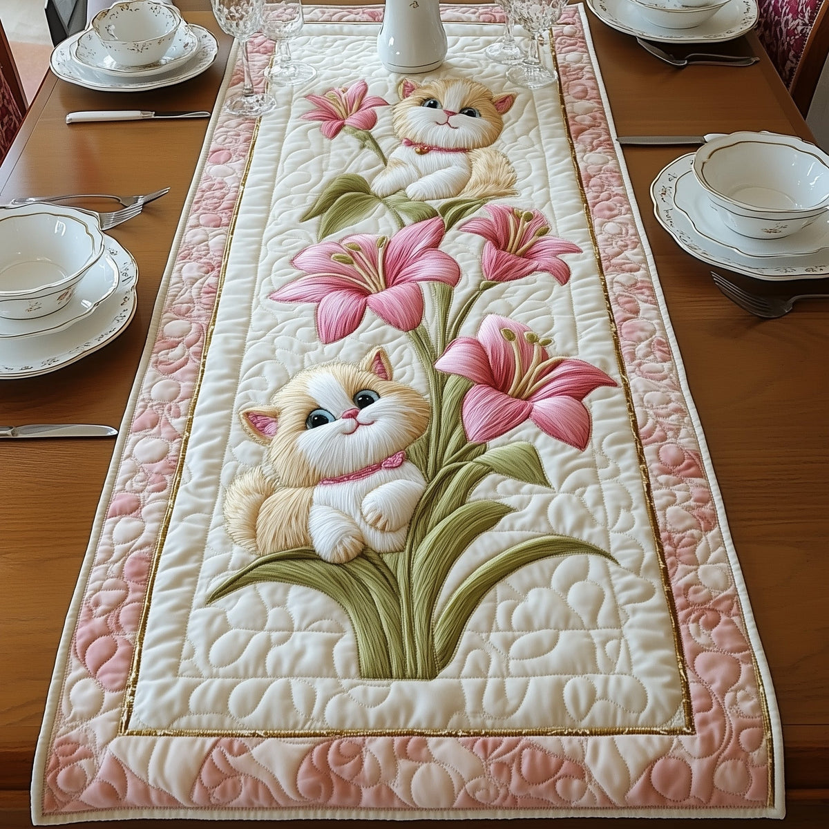 Cat Among Lilies Quilted Table Runner Halloween Table Runner Thanksgiving Table Decor