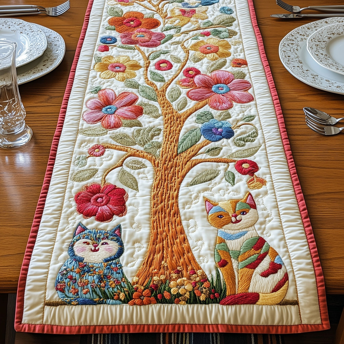 Cat Among the Blooms Quilted Table Runner Halloween Table Runner Thanksgiving Table Decor
