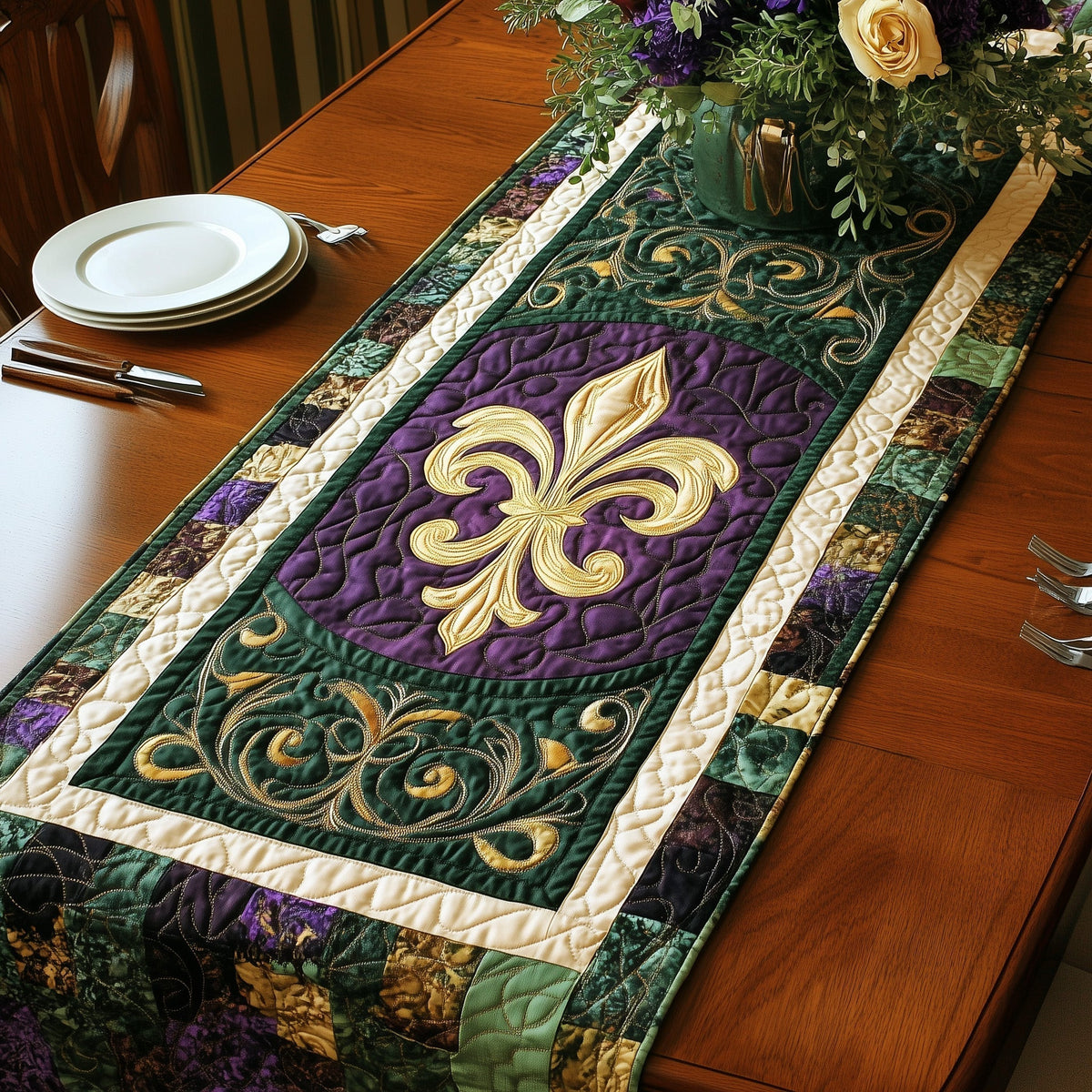 Festive Fleur de lis Quilted Table Runner Halloween Table Runner Thanksgiving Table Decor