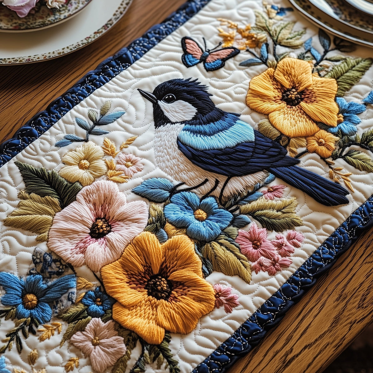 Blossom and Bluebird Quilted Table Runner Halloween Table Runner Thanksgiving Table Decor