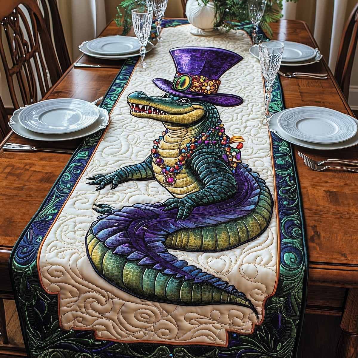 Alligator Mardi Gras Quilted Table Runner Halloween Table Runner Thanksgiving Table Decor
