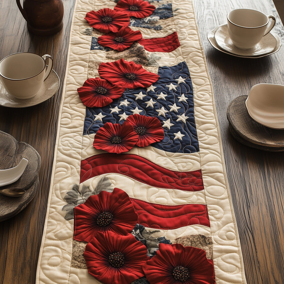Memorial Flowers Quilted Table Runner Halloween Table Runner Thanksgiving Table Decor