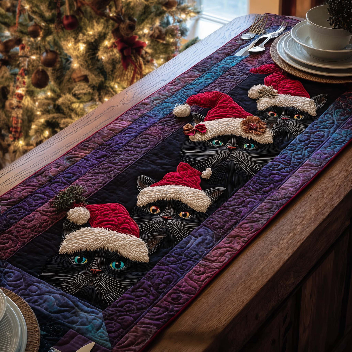 Santa Cats Quilted Table Runner Halloween Table Runner Thanksgiving Table Decor