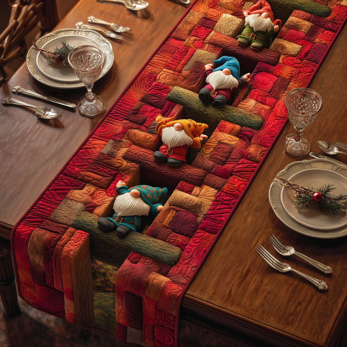 Brick Maze Gnomes Quilted Table Runner Halloween Table Runner Thanksgiving Table Decor