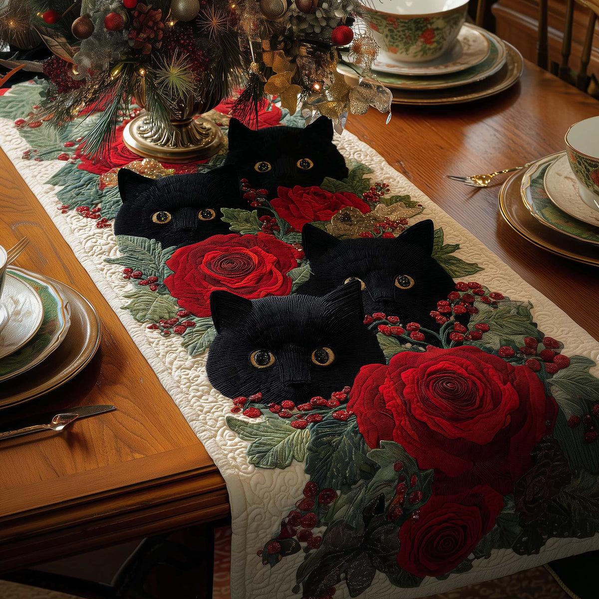 Rose Cats Quilted Table Runner Halloween Table Runner Thanksgiving Table Decor