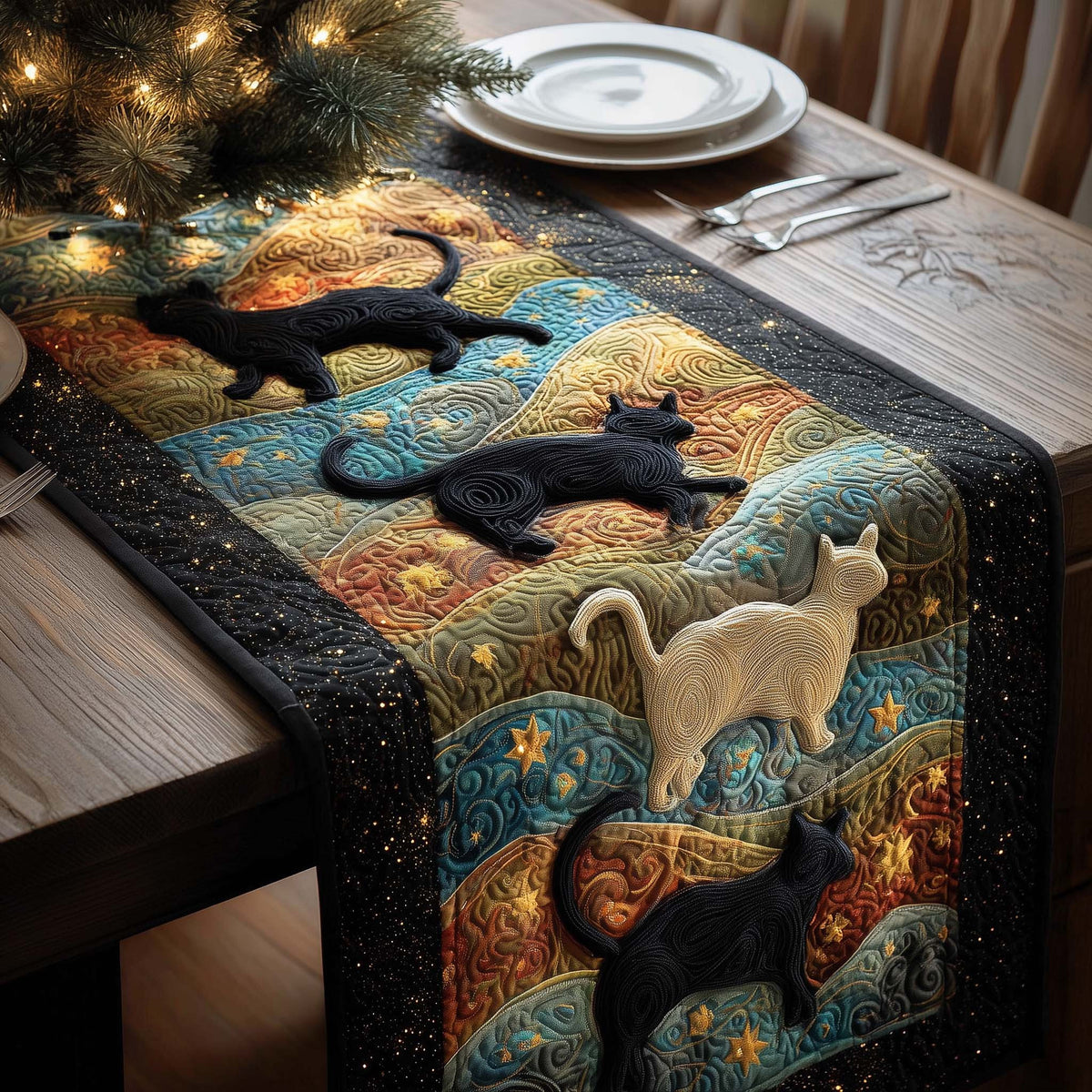 Cosmic Cats Quilted Table Runner Halloween Table Runner Thanksgiving Table Decor
