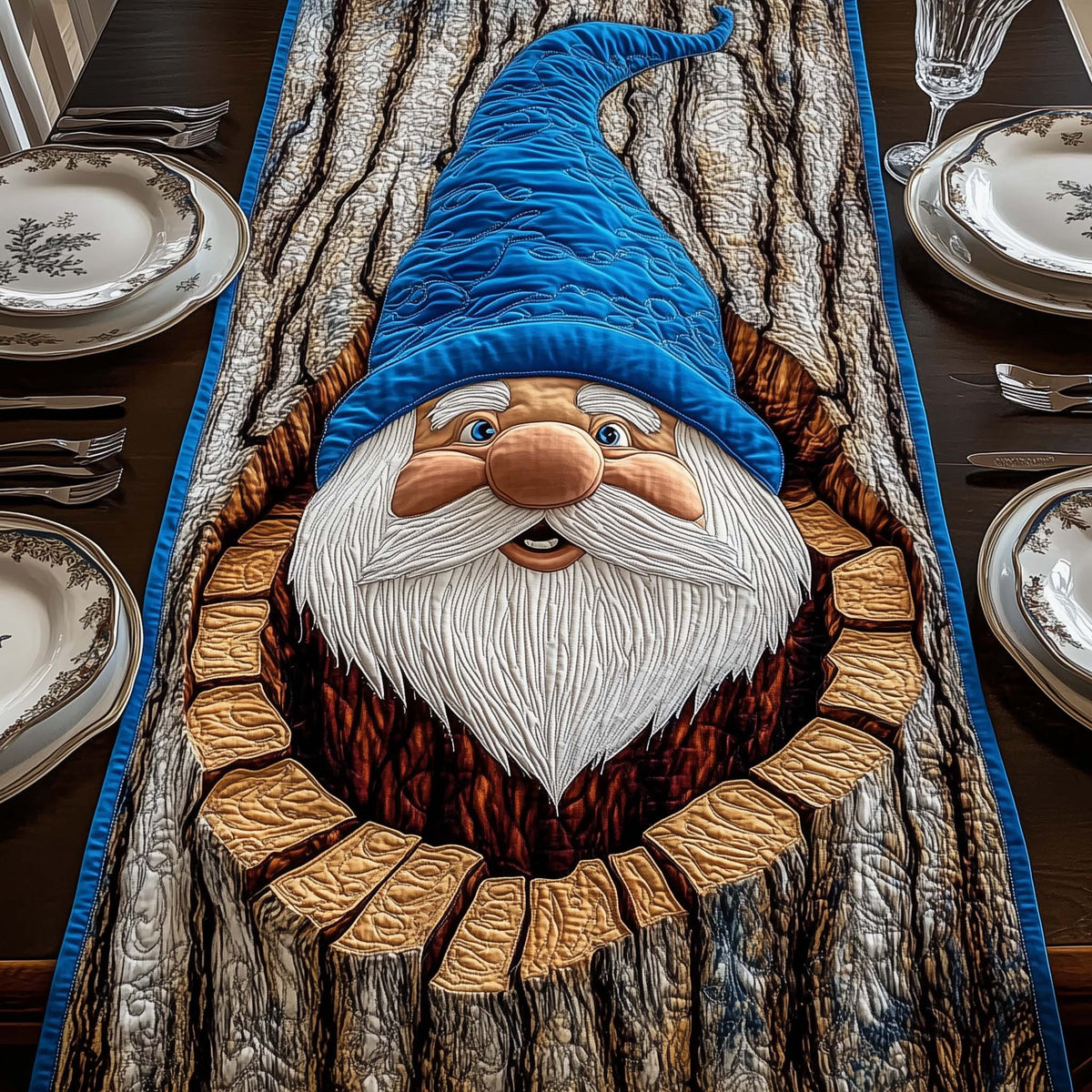 Blue Gnome Quilted Table Runner Halloween Table Runner Thanksgiving Table Decor