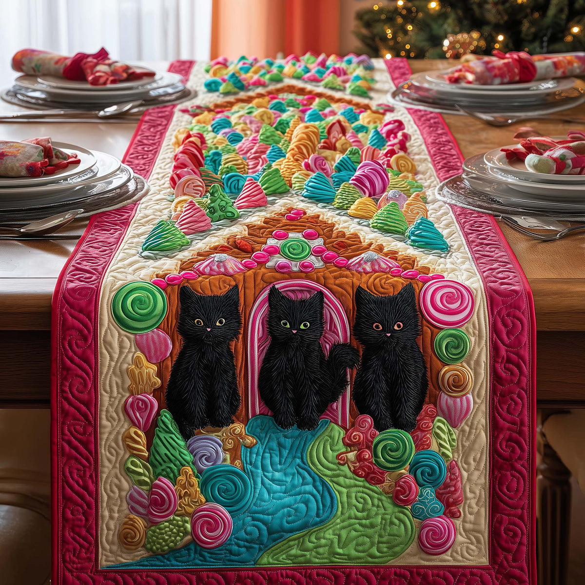 Candy Cats Quilted Table Runner Halloween Table Runner Thanksgiving Table Decor