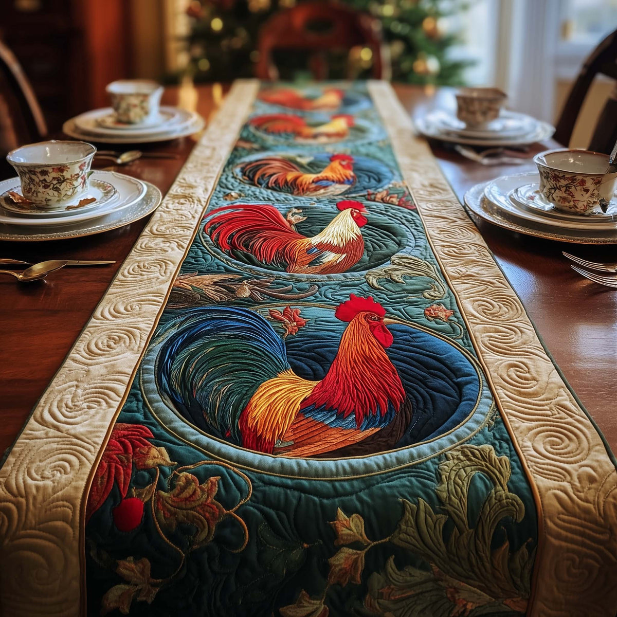 Circle Rooster Quilted Table Runner Halloween Table Runner Thanksgiving Table Decor