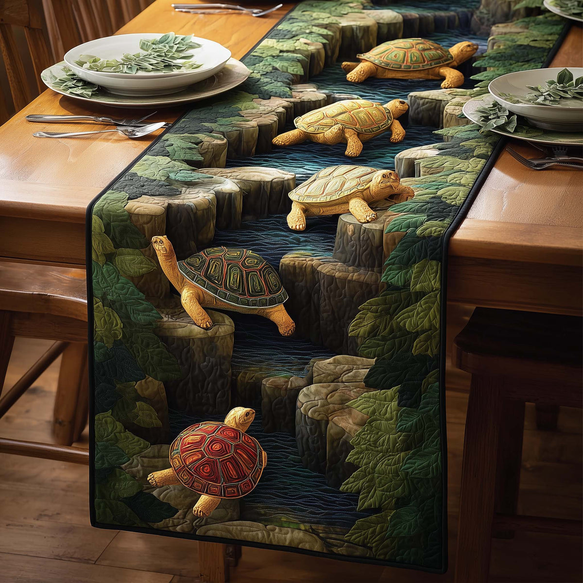 River Turtles Quilted Table Runner Halloween Table Runner Thanksgiving Table Decor