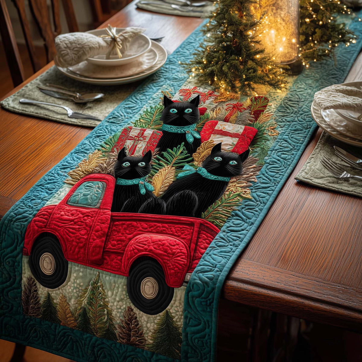Truck Cats Quilted Table Runner Halloween Table Runner Thanksgiving Table Decor