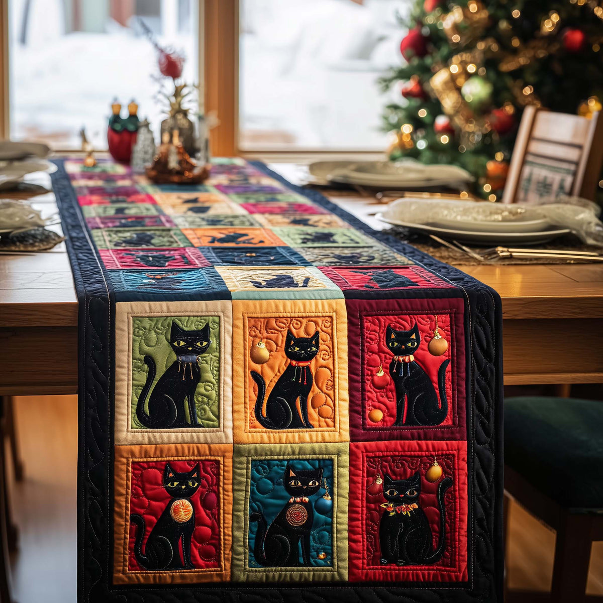 Ornament Cats Quilted Table Runner Halloween Table Runner Thanksgiving Table Decor