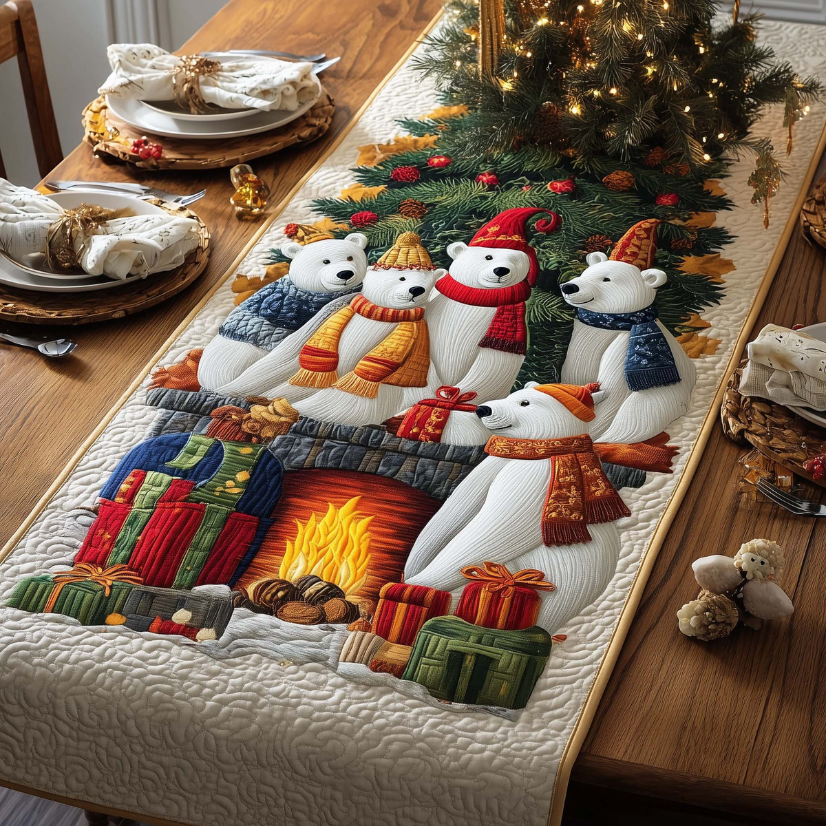 Fireplace Bears Quilted Table Runner Halloween Table Runner Thanksgiving Table Decor