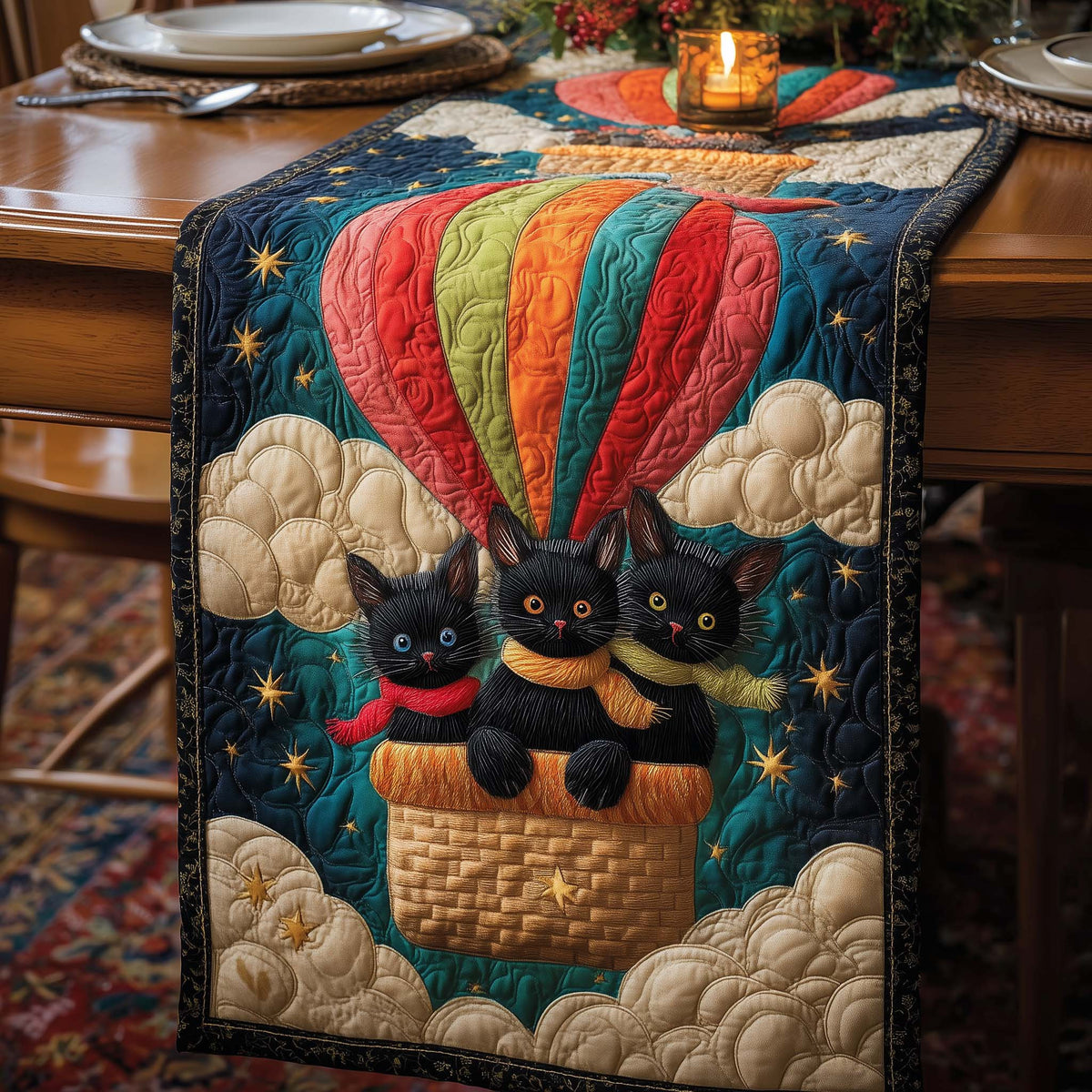 Balloon Cats Quilted Table Runner Halloween Table Runner Thanksgiving Table Decor