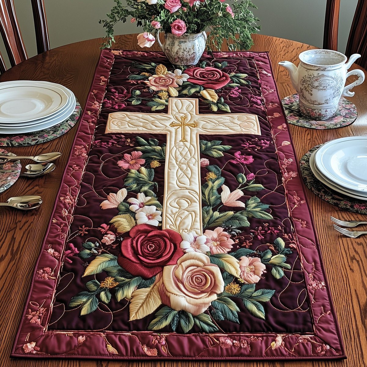 Cross of Serenity Quilted Table Runner Halloween Table Runner Thanksgiving Table Decor