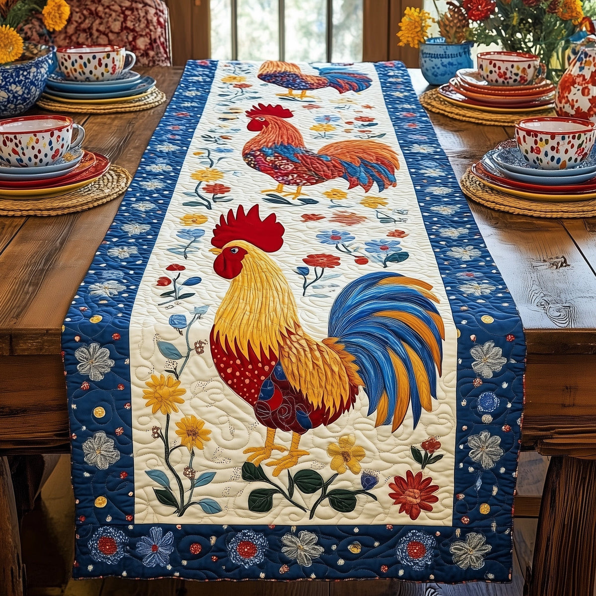 Rooster Parade Quilted Table Runner Halloween Table Runner Thanksgiving Table Decor