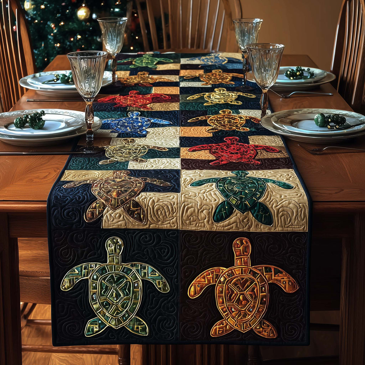 Mosaic Turtles Quilted Table Runner Halloween Table Runner Thanksgiving Table Decor