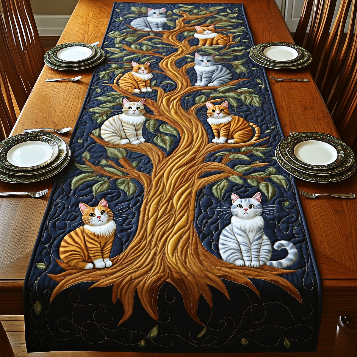 Tree of Cats Quilted Table Runner Halloween Table Runner Thanksgiving Table Decor