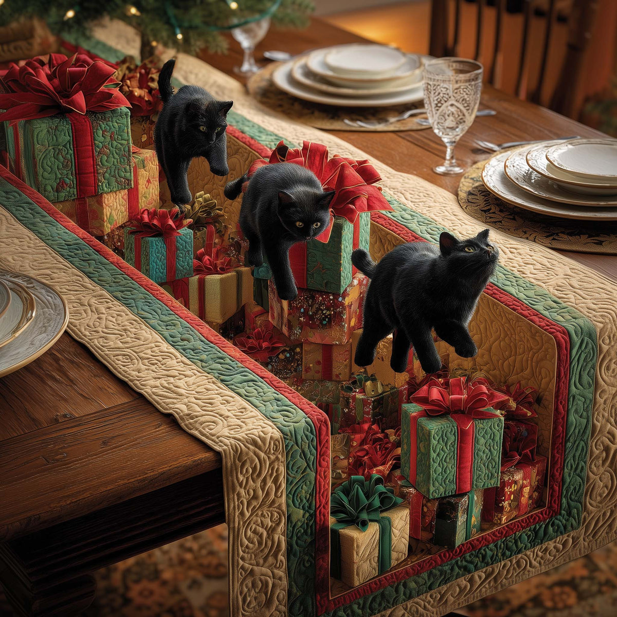 Gift Cats Quilted Table Runner Halloween Table Runner Thanksgiving Table Decor